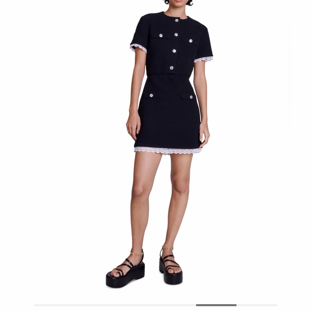 Maje Ramisia Tweed Short Sleeve Dress Black Size 38